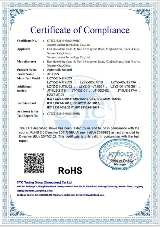 RoHs certificate of JIETIAN